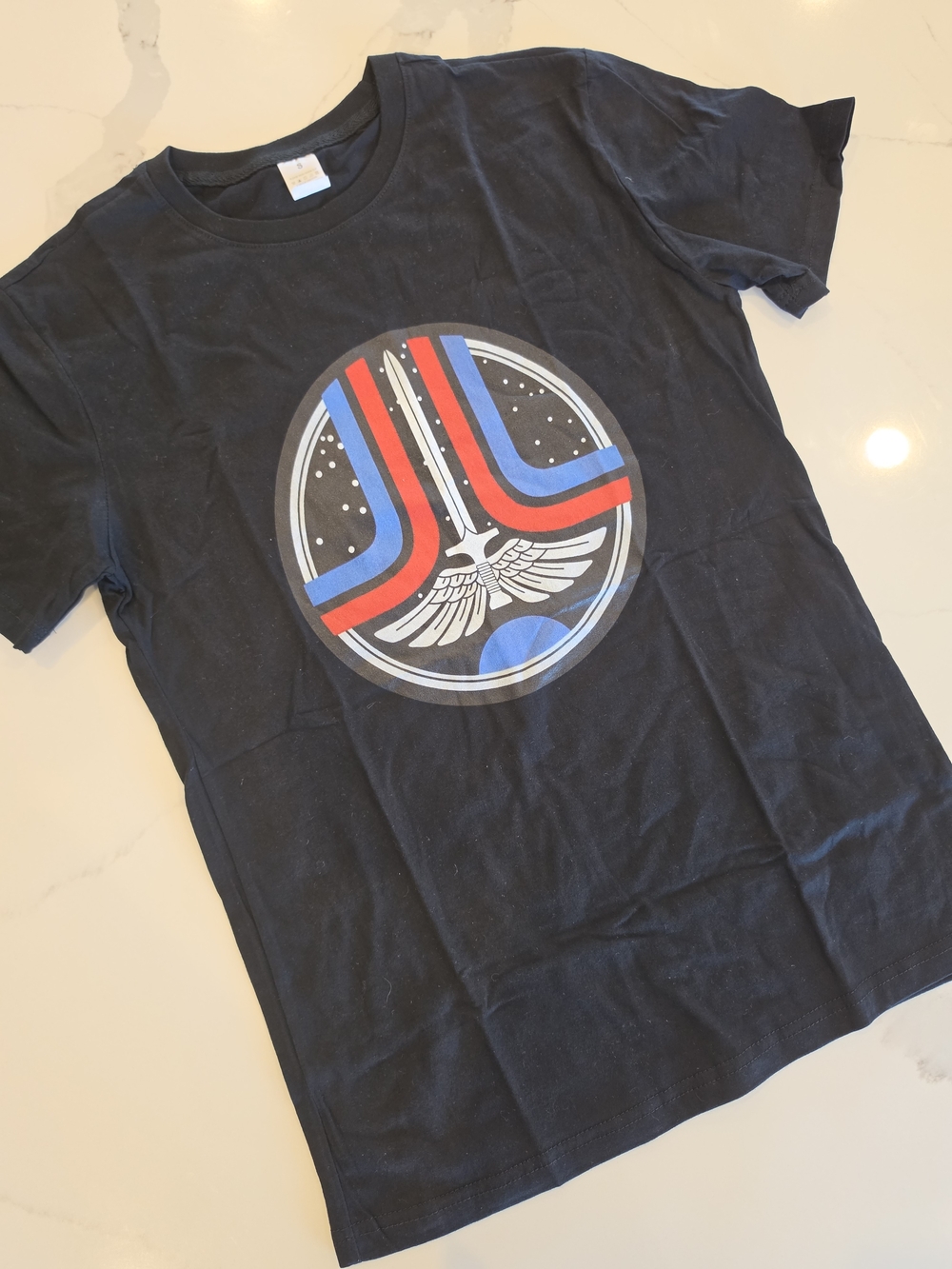 Black Graphic Crewneck T-Shirt with Retro Space Emblem - Small - NEW